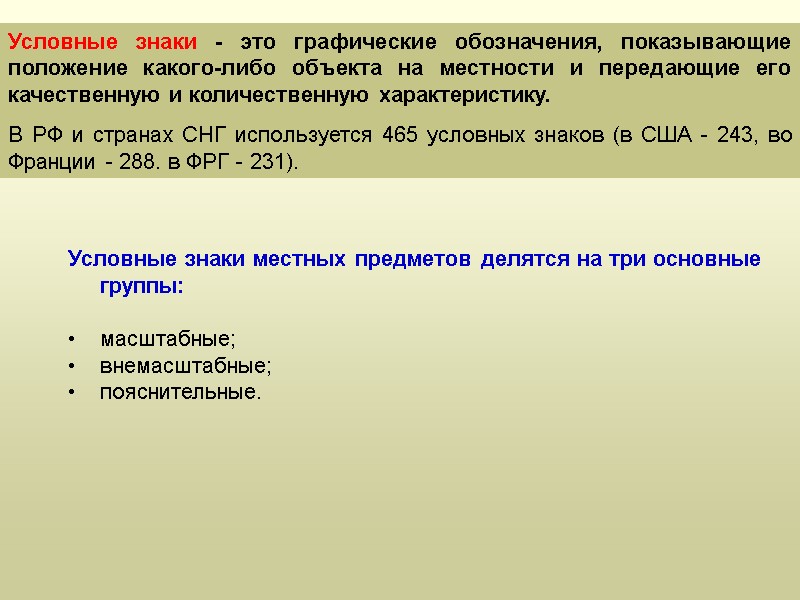 Условные знаки - это графические обозначения, показывающие положение какого-либо объекта на местности и передающие